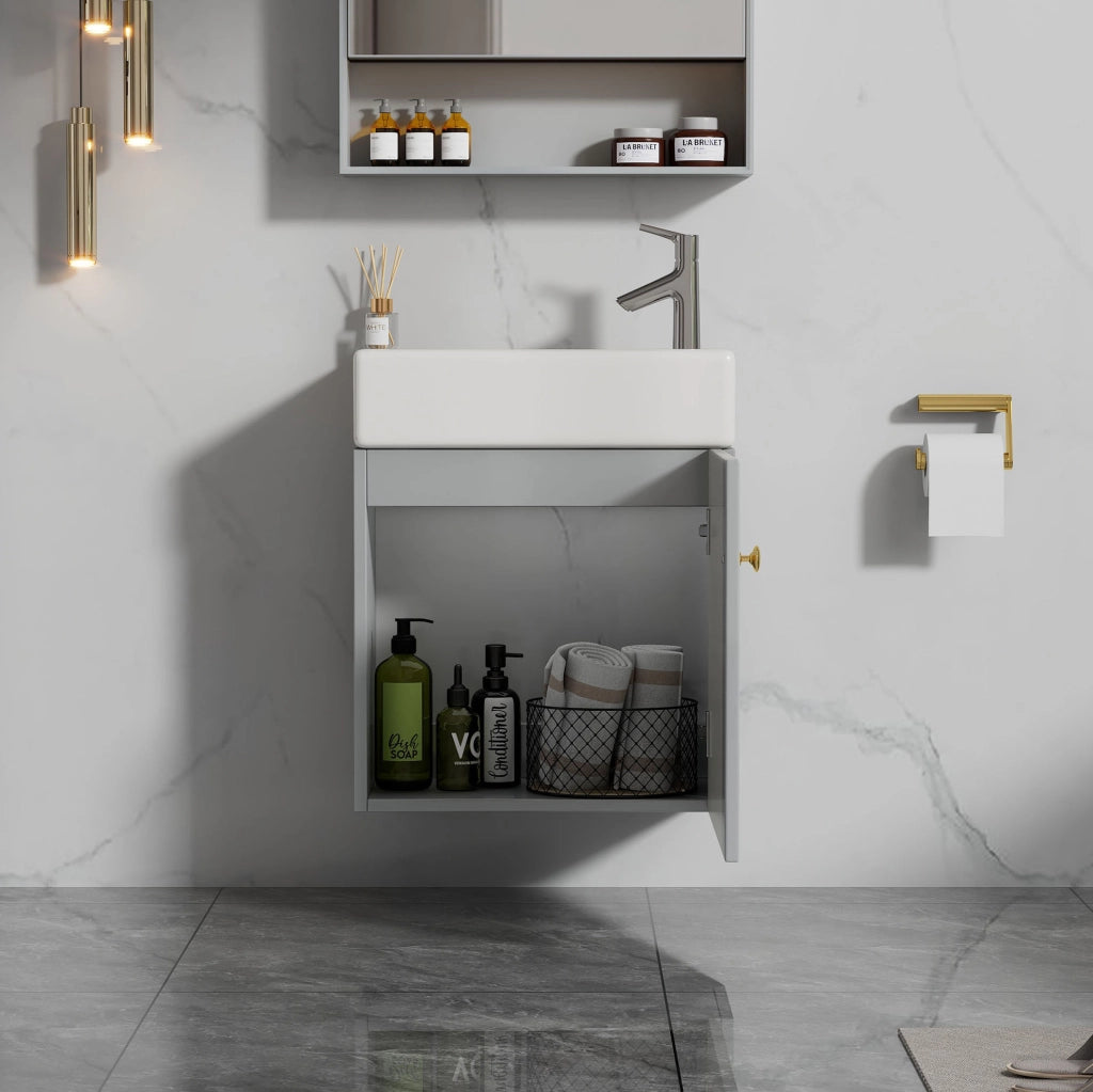 Mobile da bagno con lavabo in ceramica; MDF grigio e bianco