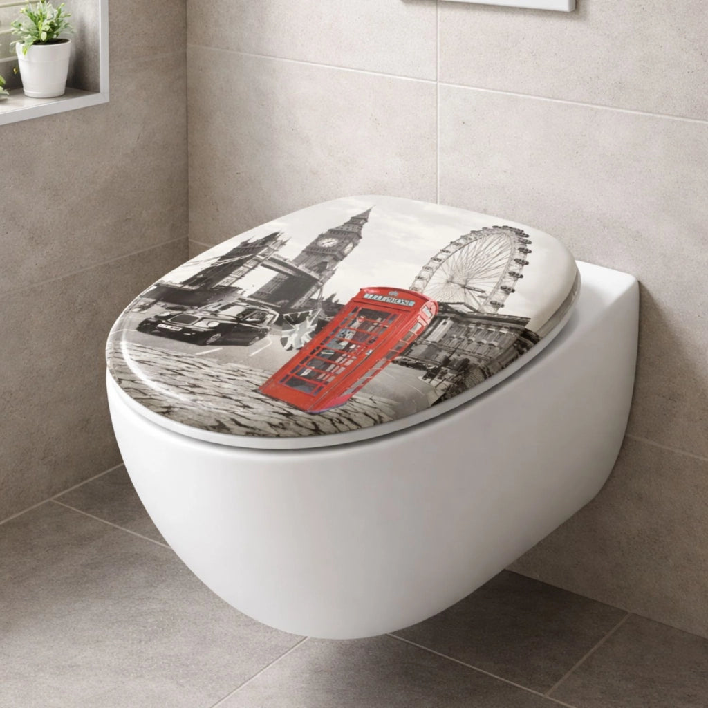 Sedile wc copri vater universale frizionato fantasia in mdf chiusura rallentata *** fantasia big ben, confezione 1