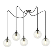 Lampadario 5 Luci Ginevra In Acciaio Nero Con Cavo Lungo E Vetri Trasparente
