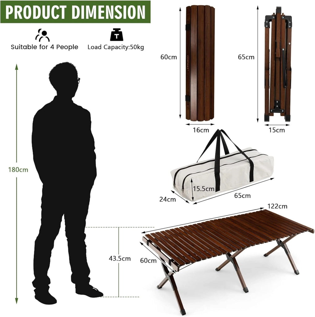 Tavolo Pieghevole da Esterno, Tavolo da Picnic da Campeggio in Bambù, per 4-6 Persone, Tavolo Portatile con una Borsa, la Portata di 50kg, 122 x 60 x 43,5cm (Brown)