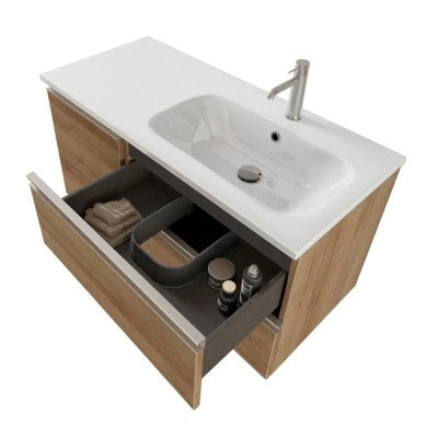 Mobile bagno sospeso 100 cm rovere miele con cassetti e anta completo di lavabo a destra e specchio Master