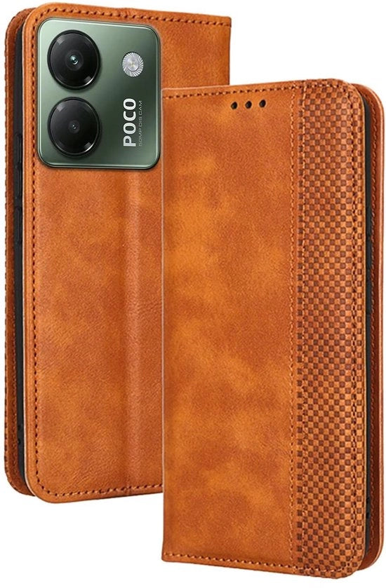 Copriphone magnetico a scomparsa per POCO M7 Pro 5G - Flip in pelle - Blocca RFID - 2 slot per carta - Marrone - Pelle PU di alta qualità - Copriphone per telefono