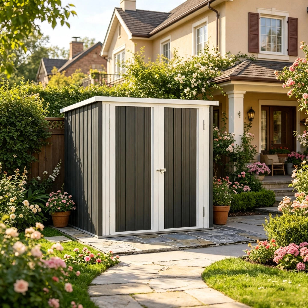 CASETTA DA GIARDINO 147x86x134 cm Nero/Bianco in acciaio e PP senza pavimento