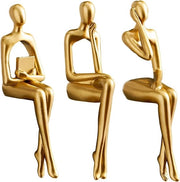 Scultura d'Arte Astratta - 3 Pezzi Statua di Pensatore Seduto in Oro per Ambiente di Ufficio - Decorazione per Libreria