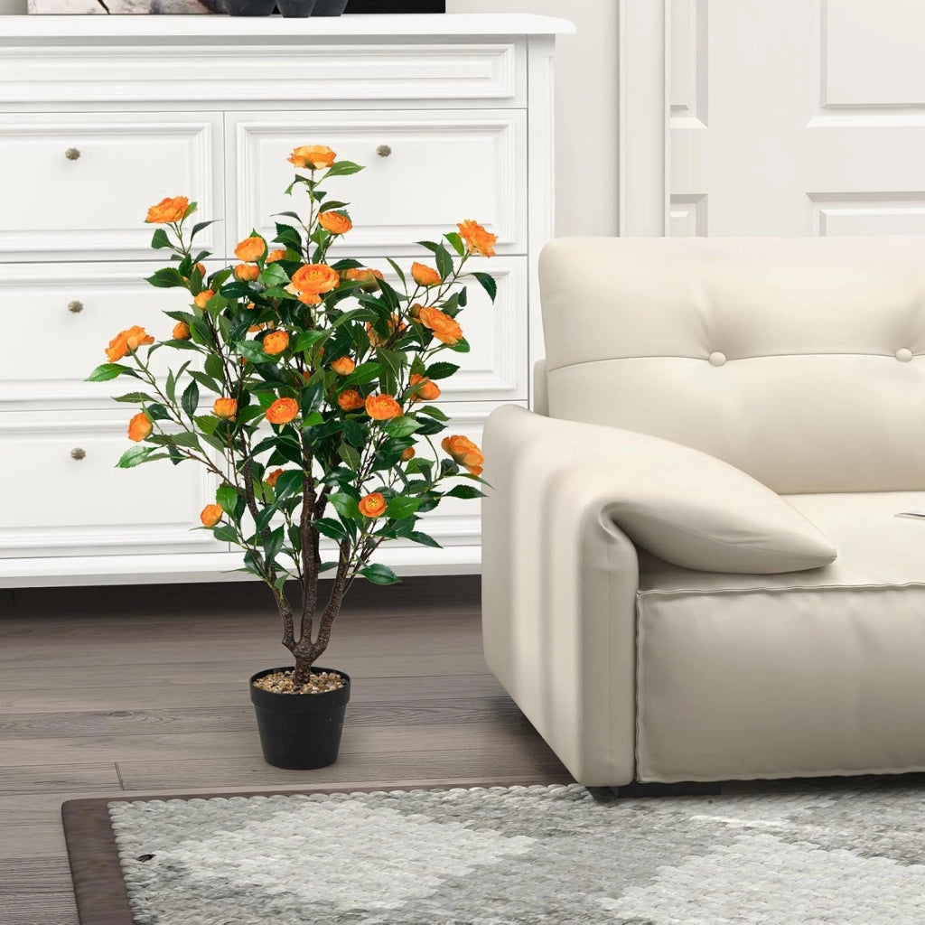 Pianta Finta da Interno da 102 cm, Albero di Camelia Artificiale con 37 Fiori Gialli, Vaso e Ciottoli di Pioggia, Pianta Finta per Soggiorno, Ufficio e Negozio