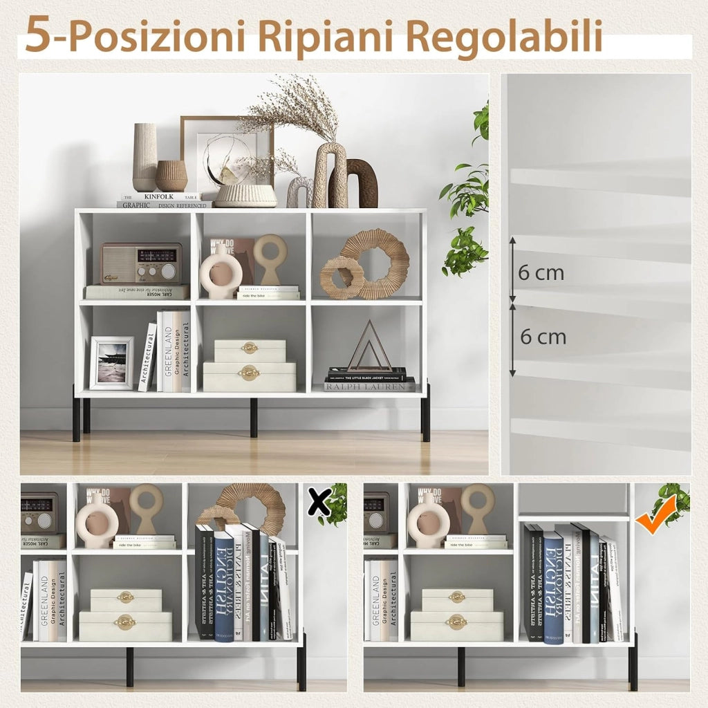 Scaffale a 6 Cubi, Libreria Aperta in Legno con Gambe Metalliche, Ripiani Regolabili in 5 Posizioni, Dispositivo Antiribaltamento, Scaffale per Casa e Ufficio, 120 x 35 x 79,5 cm (Bianco)