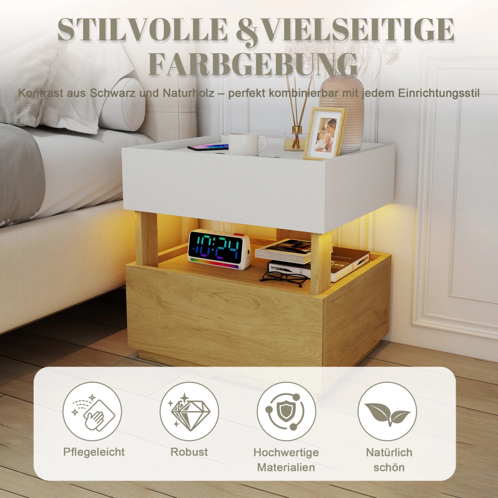 COMODINO 50x40x50 cm con ricarica wireless e LED, Bianco/Naturale, 2 cassetti