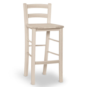 Sgabello legno grezzo con schienale e seduta legno massello h 67cm