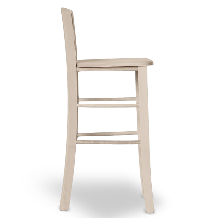 Sgabello legno grezzo con schienale e seduta legno massello h 67cm