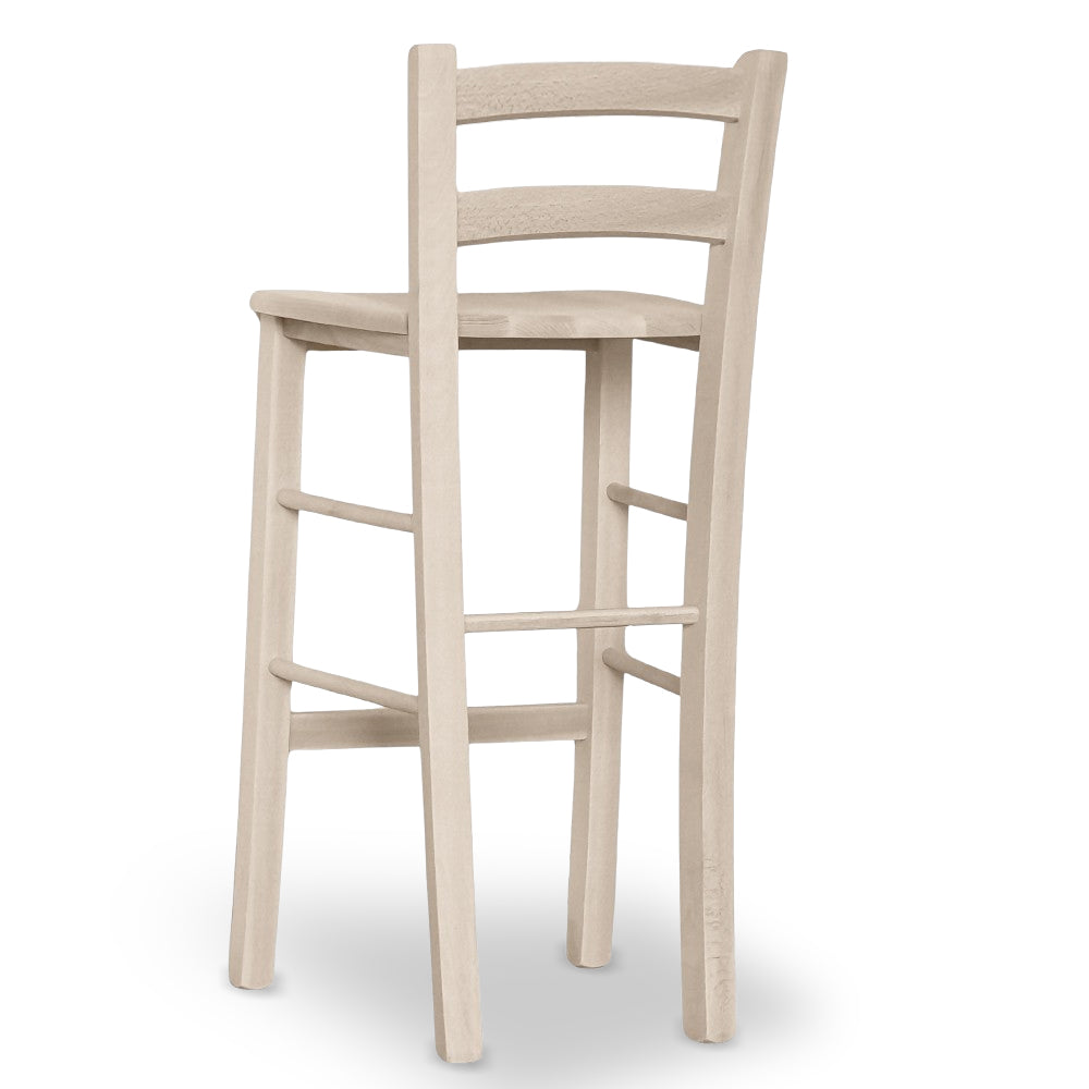 Sgabello legno grezzo con schienale e seduta legno massello h 67cm