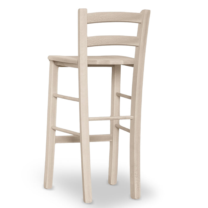 Sgabello legno grezzo con schienale e seduta legno massello h 67cm