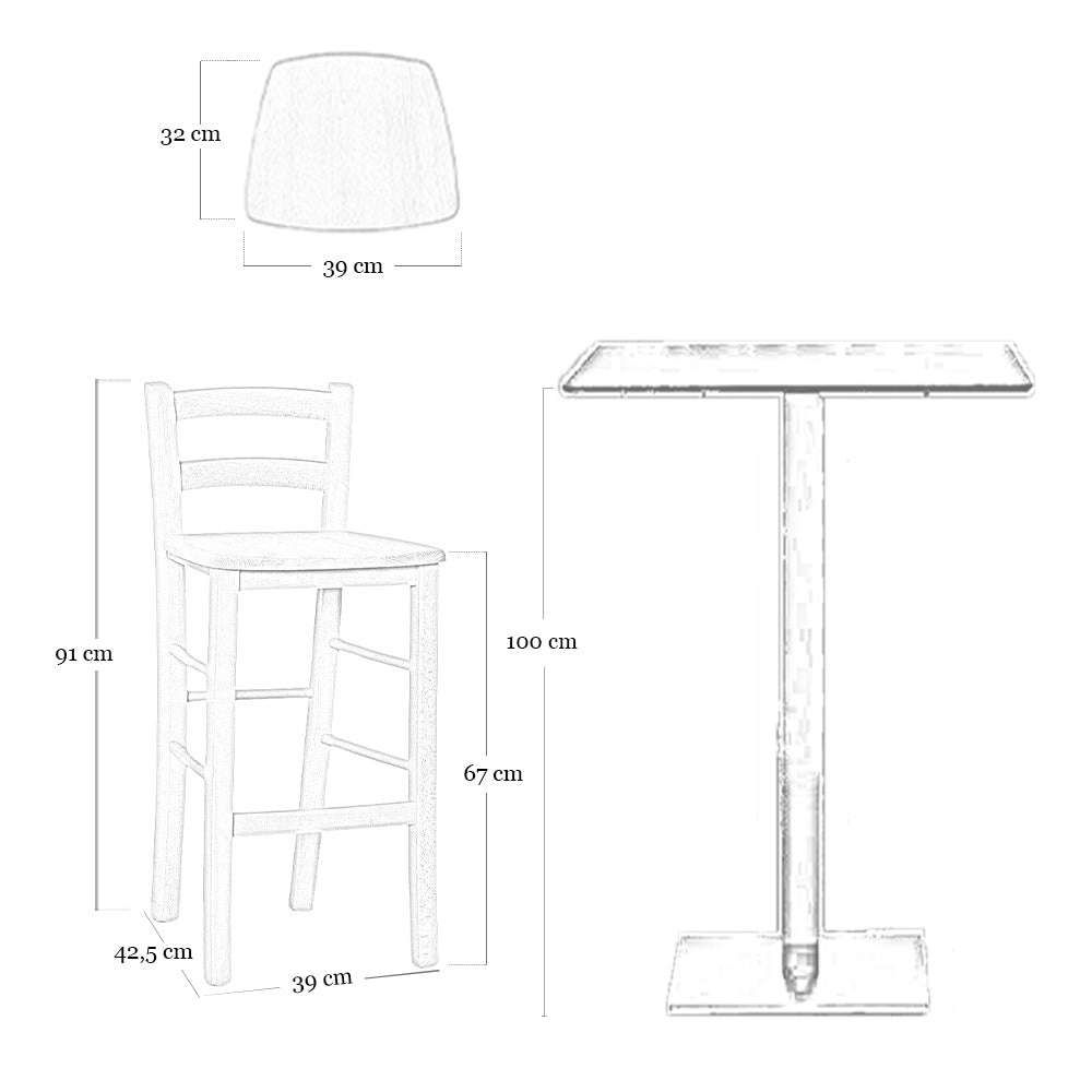 Sgabello legno grezzo con schienale e seduta legno massello h 67cm