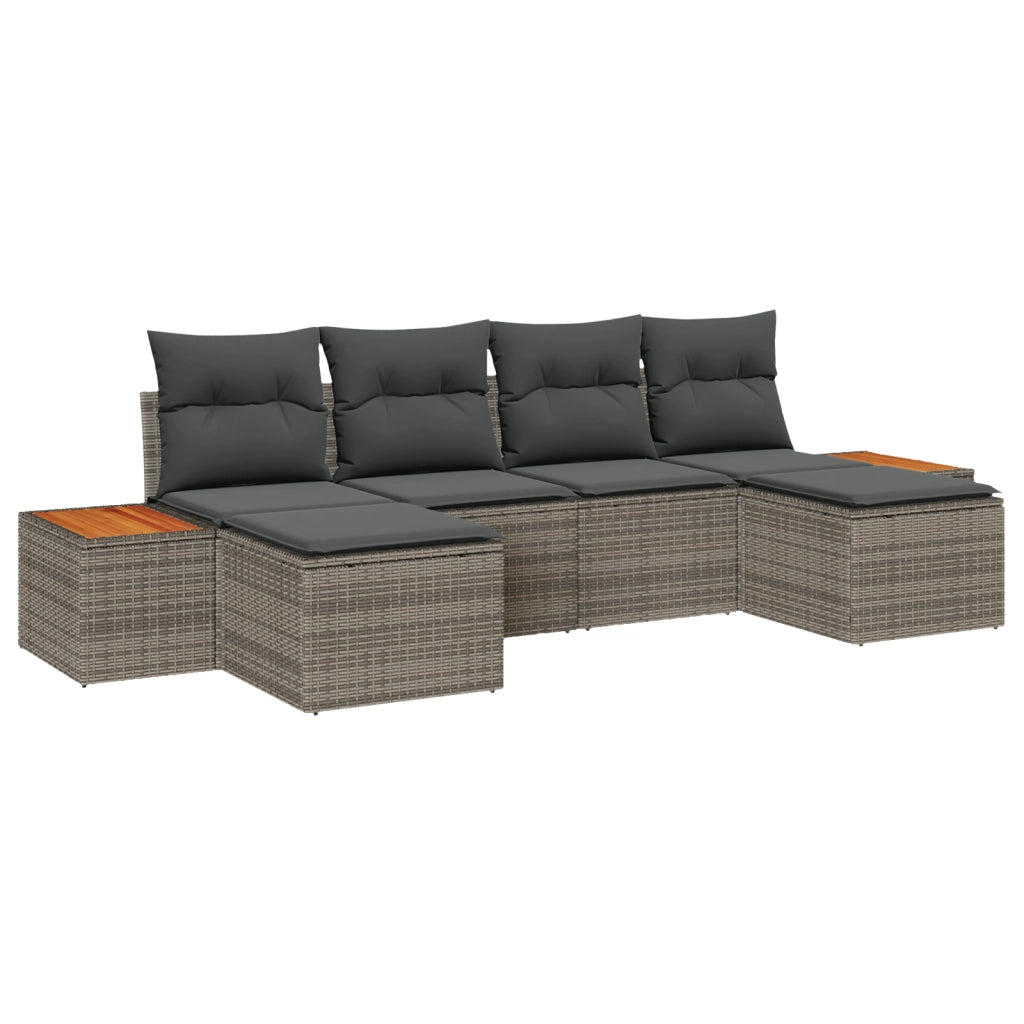 Set Divano da Giardino con Cuscini Grigio Poli Rattan Acacia da 6 Pezzi