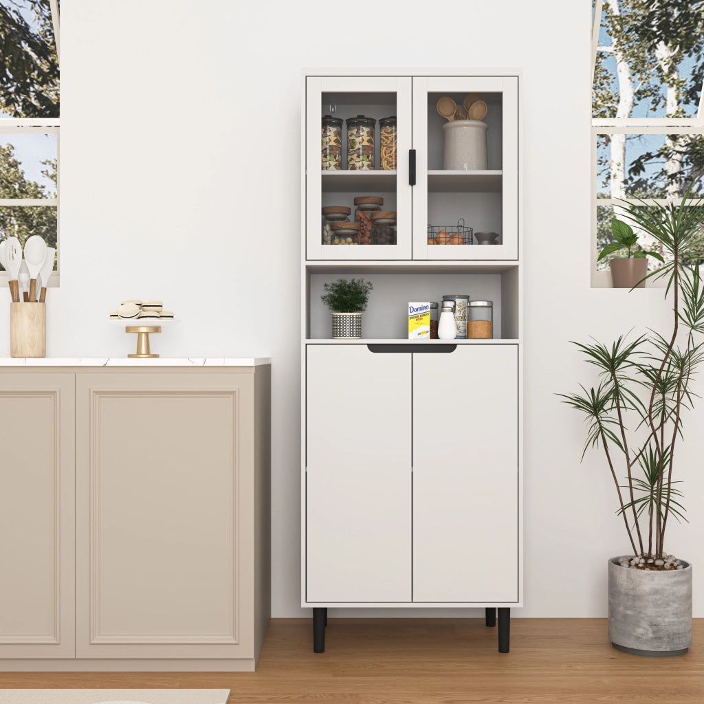 Libreria Alta con 4 Ante e Ripiani Regolabili; Ante in Vetro Temperato; Stile Moderno; in MDF Laccato; Bianco