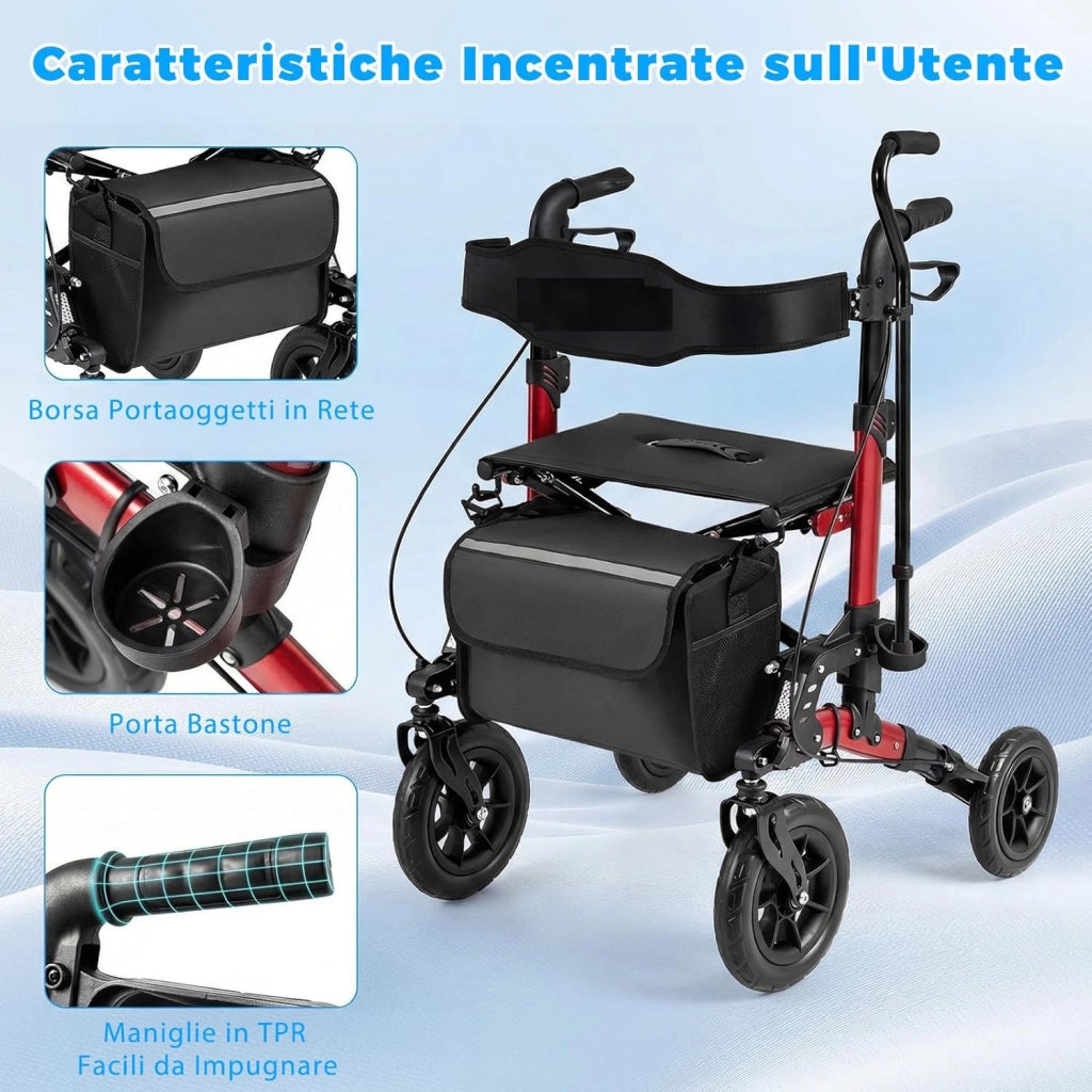 Deambulatore a Rotelle per Anziani, 2 in 1 Deambulatore Pieghevole con Seduta, Ammortizzatore, Schienale in Rete, Sospensione a Molla, 4 Ruote, Portacanne e Borsa Portaoggetti (Rosso)
