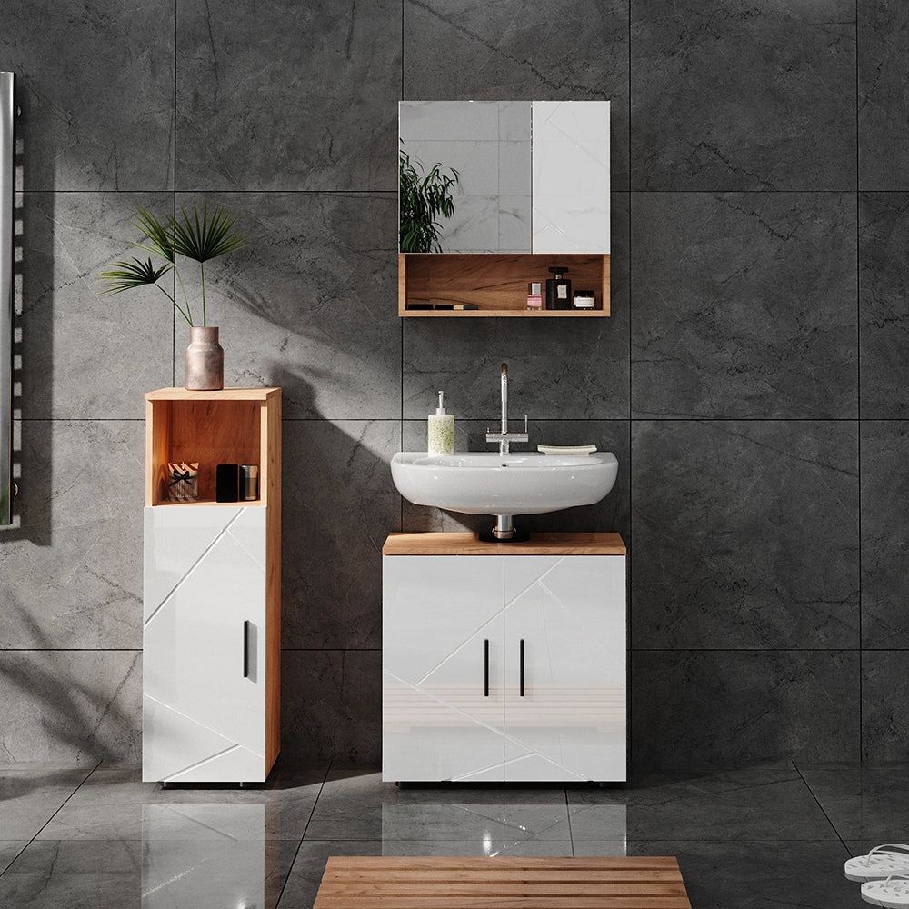 Vicco Set di mobili da bagno Bianco lucido/oro power oak 3 parti