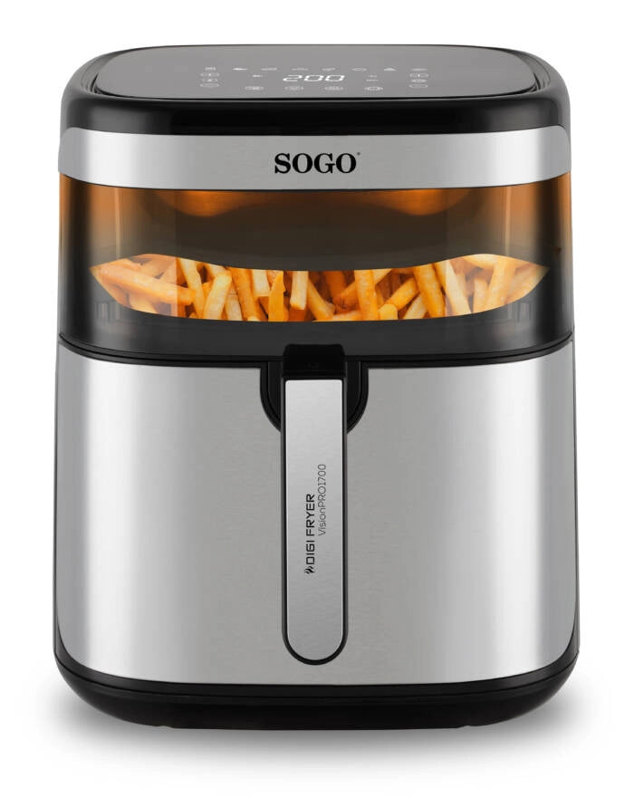 Friggitrice ad aria 10L 1700W con finestra e 10 programmi, controllo touch temperatura 80-200°C e cestello ceramico - Sogo