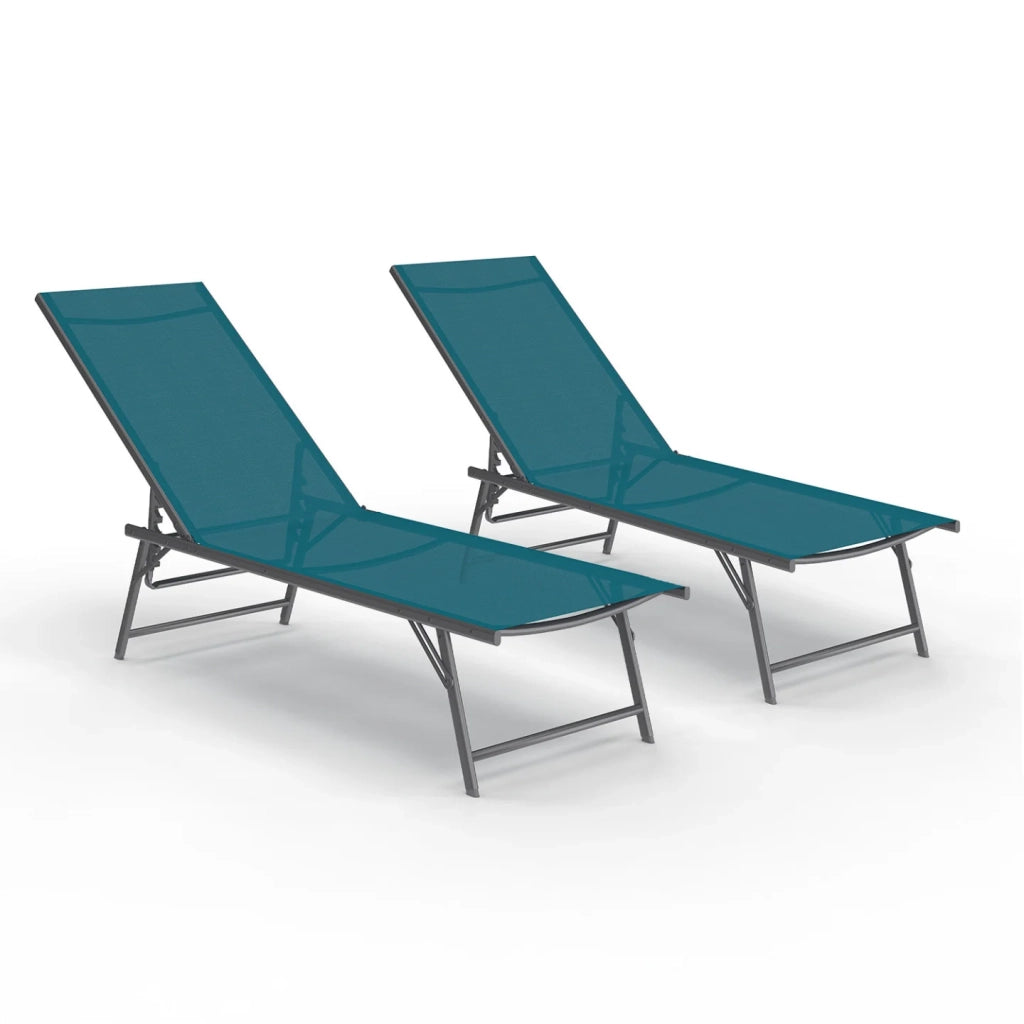 IDMarket - Set di 2 lettini da giardino reclinabili KAILUA in acciaio grigio antracite e tessuto blu anatra