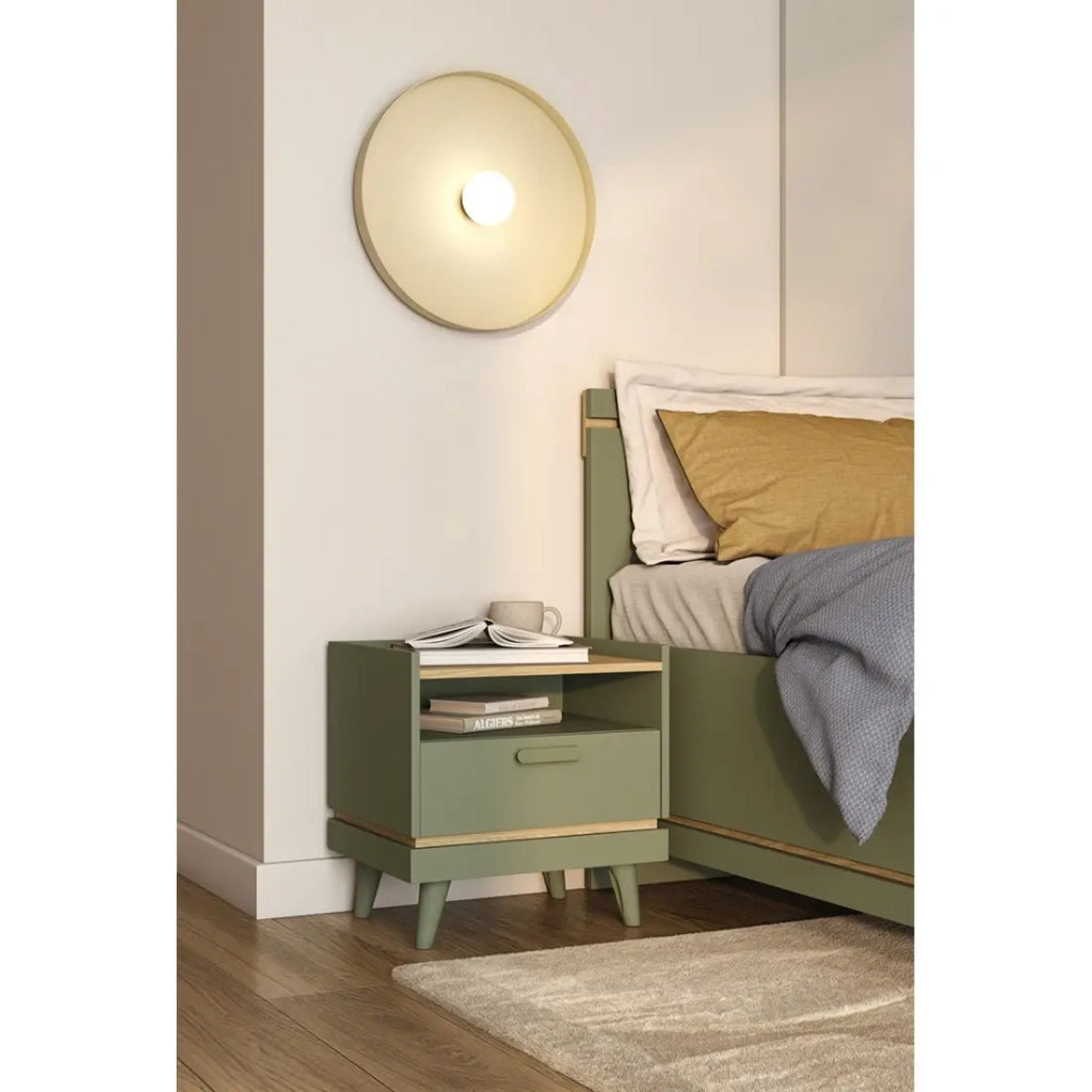 Tavolino da notte NOKI – Verde e legno – 1 cassetto stile scandinavo