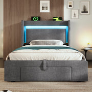 Letto 90x200 cm grigio – LED, contenitore idraulico e USB-C, con materasso