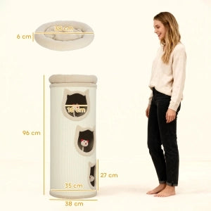 Torre tiragraffi per gatti 96 cm con 3 cucce, letto superiore sfoderabile e giochi pendenti, Cream White