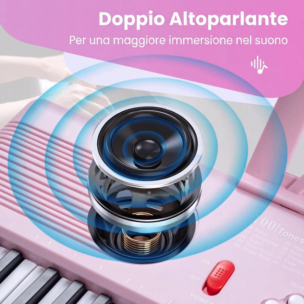 Pianoforte Digitale a 61 Tasti, Pianoforte Elettronica con Supporto, Microfono, Pianoforte Portatile con Adesivi per Tasti e Borsa da Trasporto, per Bambini e Adulti (Rosa)