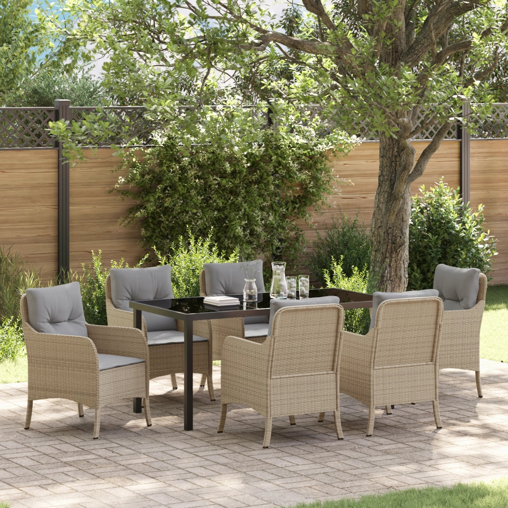 Set da Pranzo da Giardino da 7 Pezzi con Cuscini Beige in Polyrattan