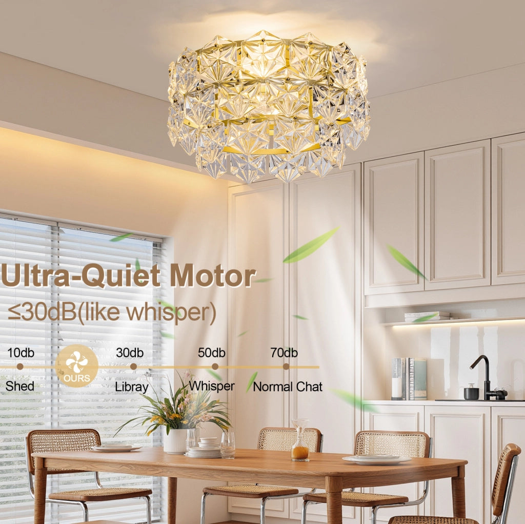 Ventilatore da soffitto con luce e cristalli; 52 cm; oro satinato in metallo e vetro