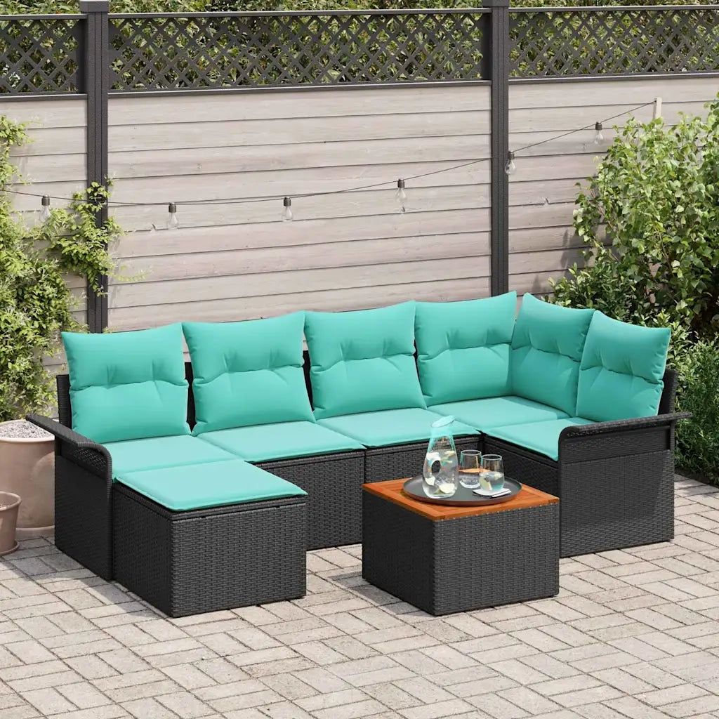 Set Divano da Giardino con cuscino 7 pcs Nero polyrattan