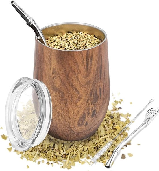 Tazza per Yerba Mate in Acciaio Inossidabile 18-8 Doppio Strato - Inclusa la Tazza e la Spazzola per la Pulizia - 340 ml - Coperchio in Legno - Modello per Yerba Mate