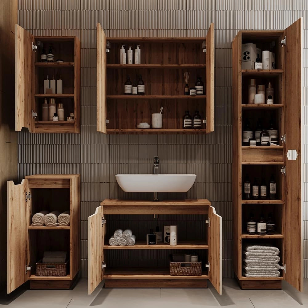 Set di mobili da bagno Lotta, Rovere/cashmere con struttura in piastrelle, 2 parti