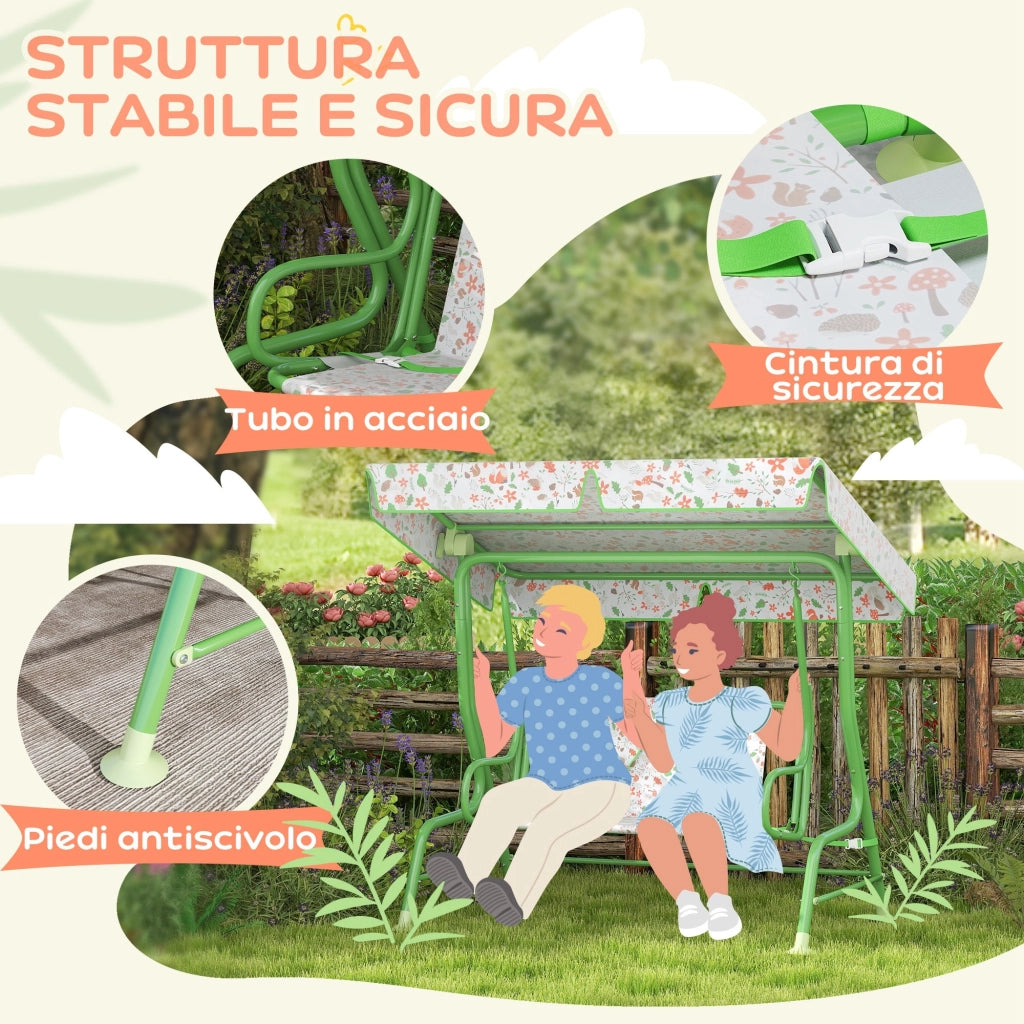 Dondolo per Bambini da Giardino a 2 Posti 112x75x120 cm a 2 Posti con Cinture di Sicurezza Verde