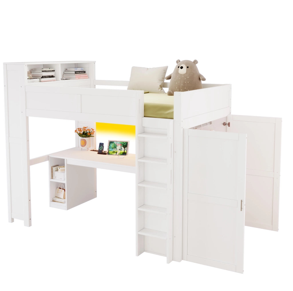 Letto a soppalco 90x200 cm con scrivania; armadio; vani; USB e LED; bianco