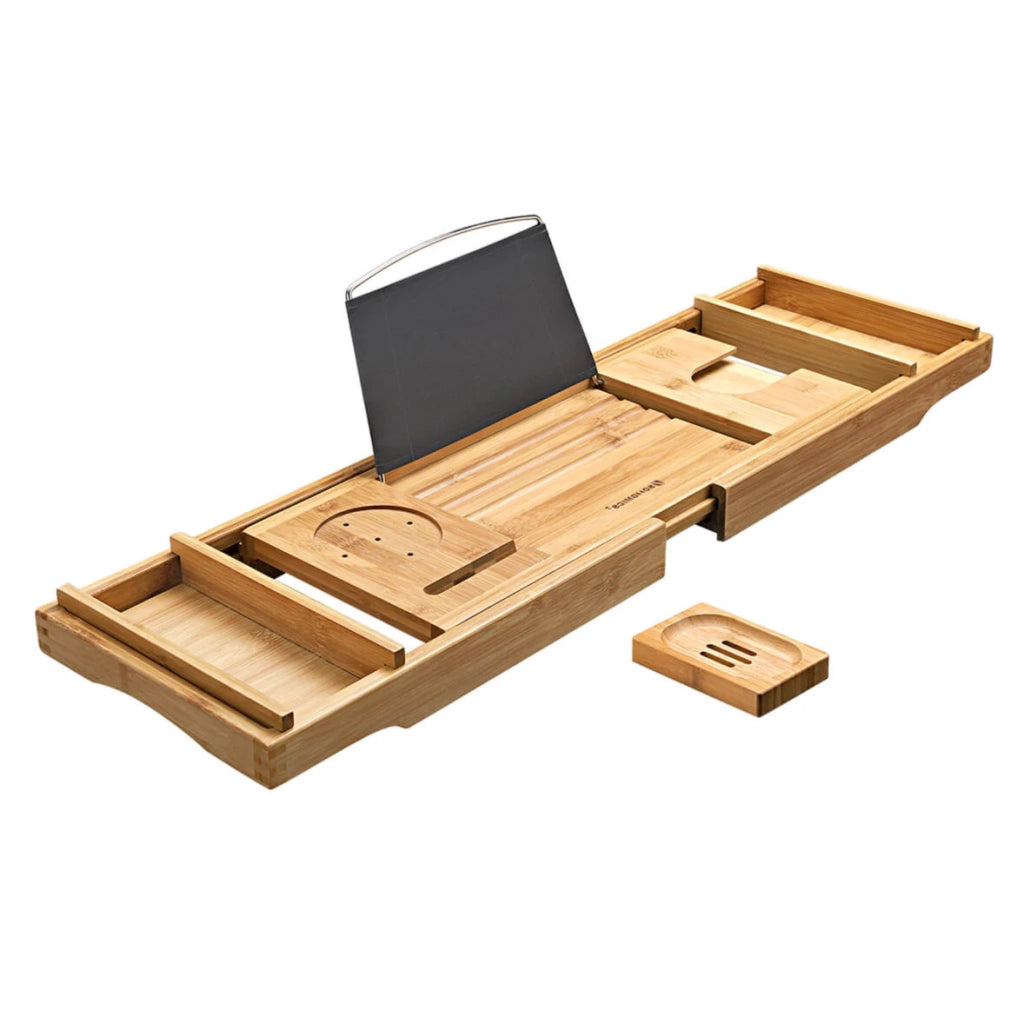Ponte estensibile per vasca da bagno vassoio da bagno in bambù contenitore per il bagno portabicchiere porta libri porta tablet portasapone 75-109 x 23 x 45 cm beige 12_0006949