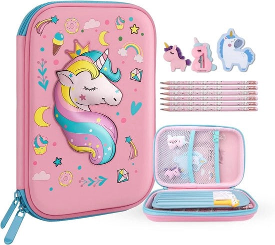 Etui per Ragazze con Disegno di Einhorn 3D - Impermeabile e Spazioso per Scuola