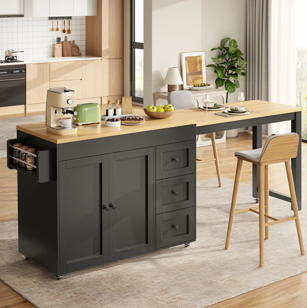Isola da cucina mobile estensibile nera con 3 cassetti
