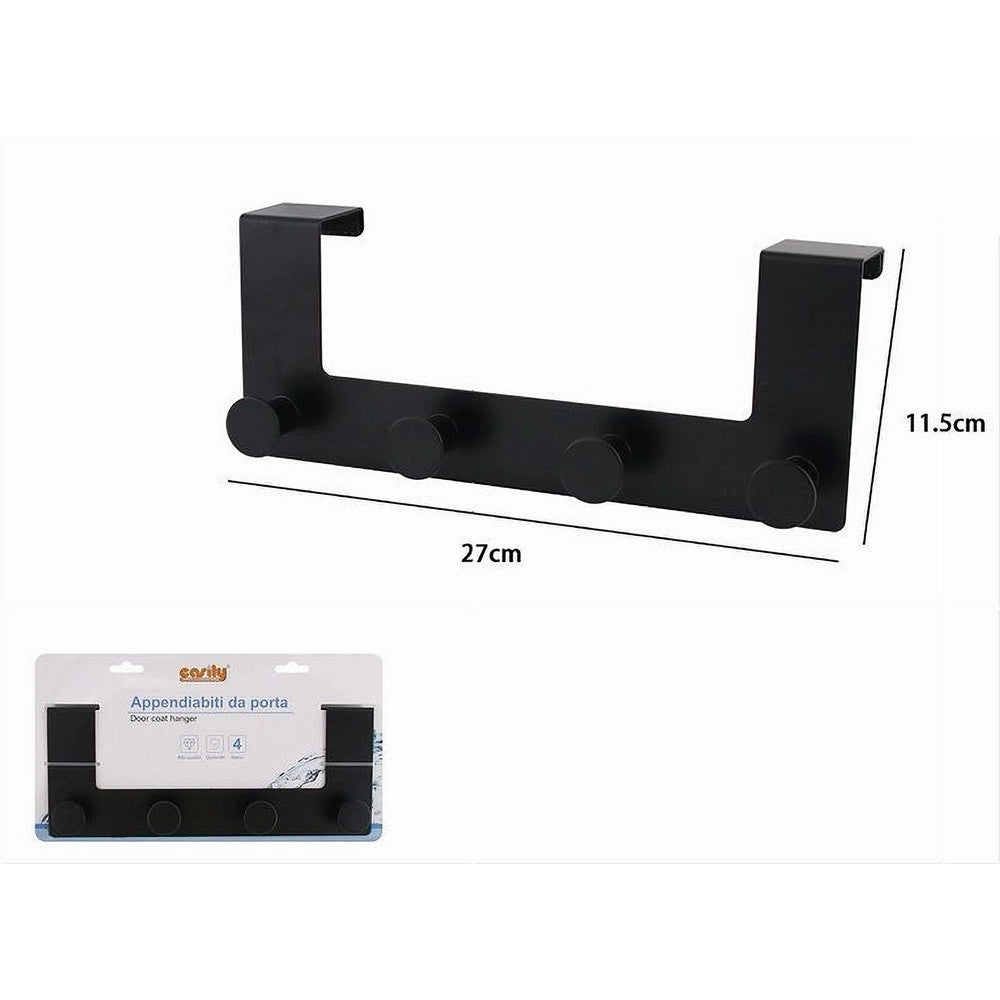 Trade Shop - Appendiabiti Da Porta Con 4 Ganci 27 X 11.5cm Nero Per Asciugamani Vestiti 87777 -