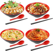 Set di 4 Ramen - Set di Ramen con Cucchiaio e Spiedini - 1000 ml per Buldak Ramen, Udon Noodles, Noodles Cinesi, Ramen Nissin - Rosso