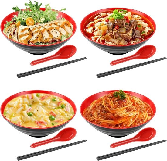 Set di 4 Ramen - Set di Ramen con Cucchiaio e Spiedini - 1000 ml per Buldak Ramen, Udon Noodles, Noodles Cinesi, Ramen Nissin - Rosso