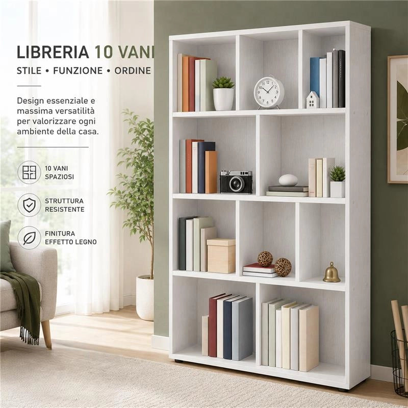 LIBRERIA MODERNA IN LEGNO BIANCO CON 10 RIPIANI SFALSATI DIMENSIONI 90X30X140 CM
