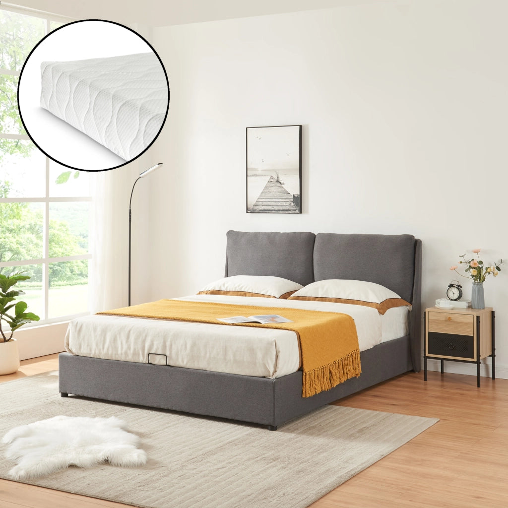 Letto Francese Lunner con Contenitore Testiera Imbottita e Materasso 140 x 200 cm - Grigio Scuro [en.casa]