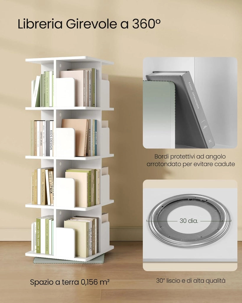 Libreria Girevole a 360°, Scaffale Multilivello Moderno con Kit Antiribaltamento, Ripiano per Soggiorno Ufficio, 40x40x129cm, Bianco