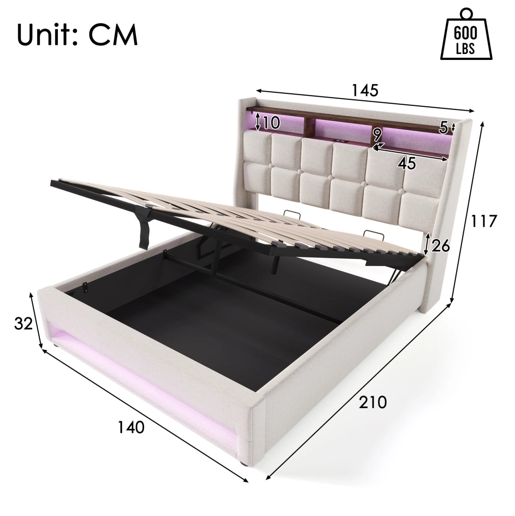 Letto matrimoniale imbottito 140x200 cm in lino beige con LED e USB; stile vintage