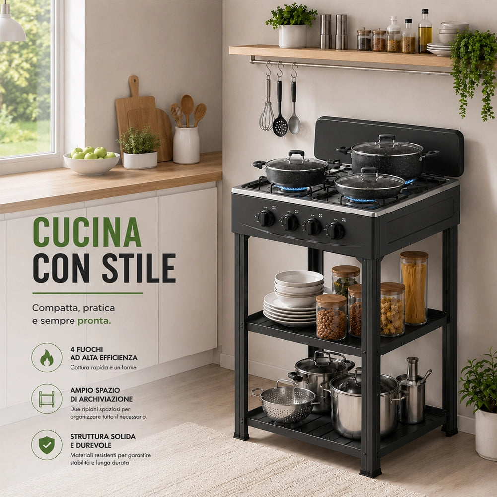 Cucina da Esterno con 4 Fuochi Nero Cucinotto da Campeggio in Ferro 49x49x79cm