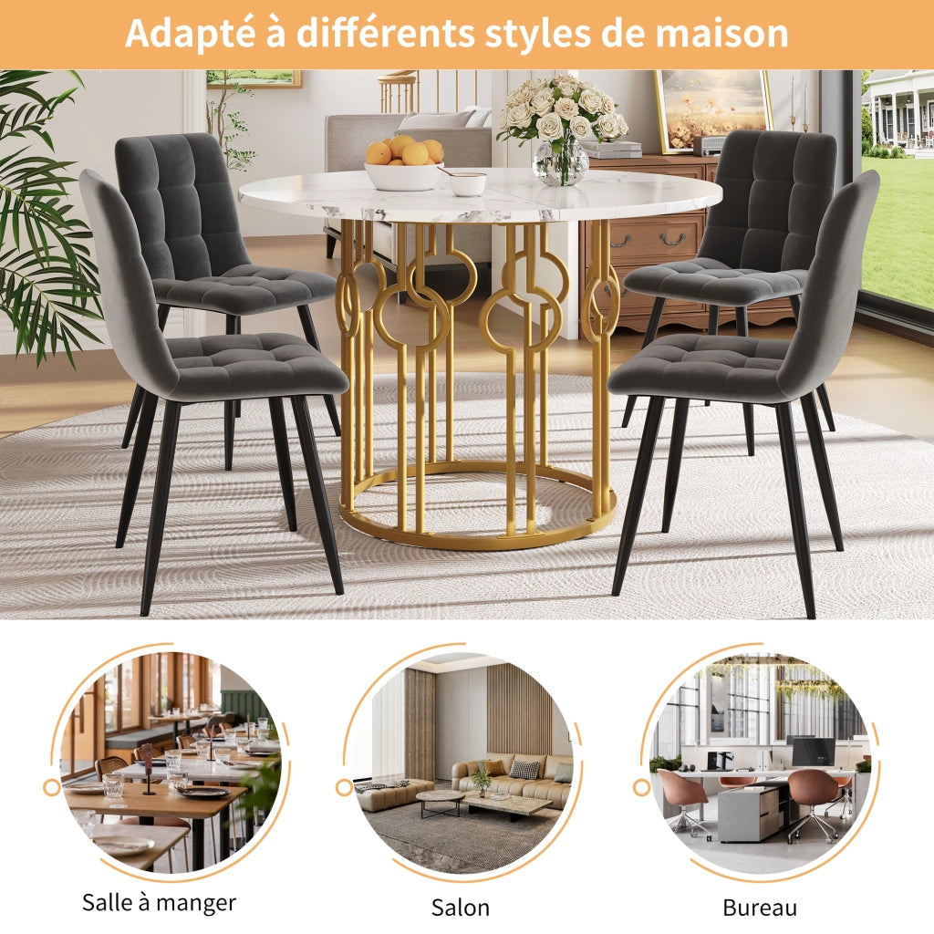 Tavolo da pranzo rotondo con 4 sedie in velluto, piano in MDF effetto marmo, base in metallo, per cucina e sala da pranzo, 100 × 100 × 76 cm