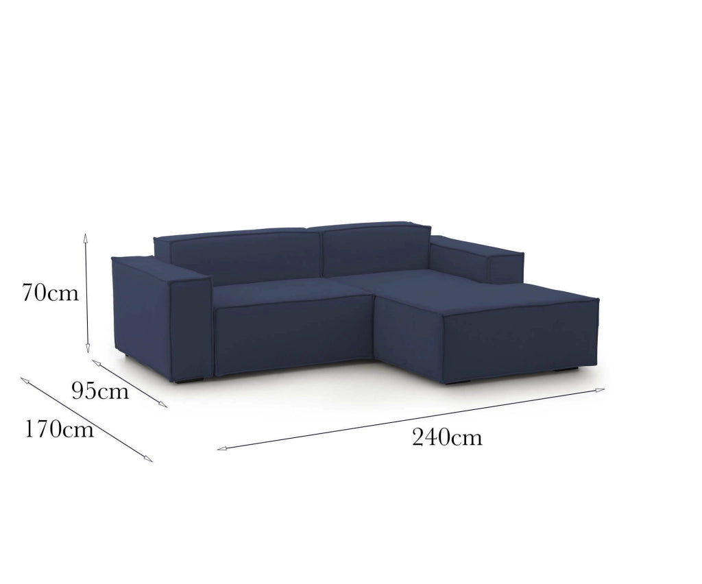 Divano fisso Ameli, Divano componibile a 2 posti large con penisola destra, Made in Italy, SofÒ  moderno in tessuto, Cm 240x170h70, Blu
