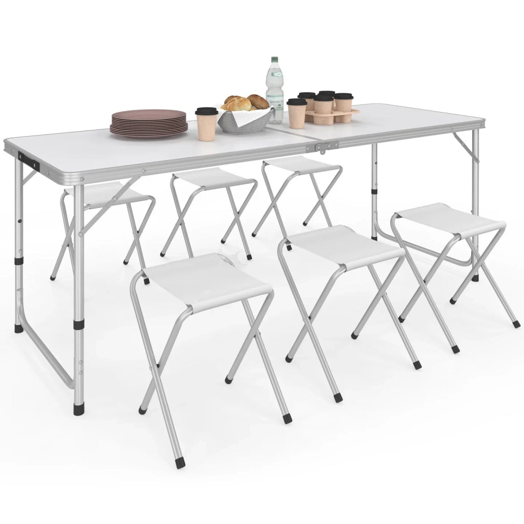 IDMarket - Tavolo da campeggio pieghevole regolabile in altezza da 160 cm e 6 sgabelli bianchi