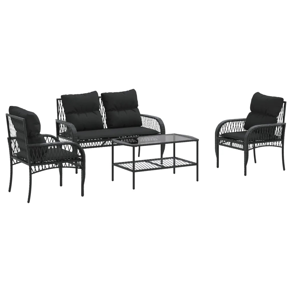 Set Divani da Giardino 4 pz | Set Salotto da Giardino con Cuscini Nero in Polyrattan