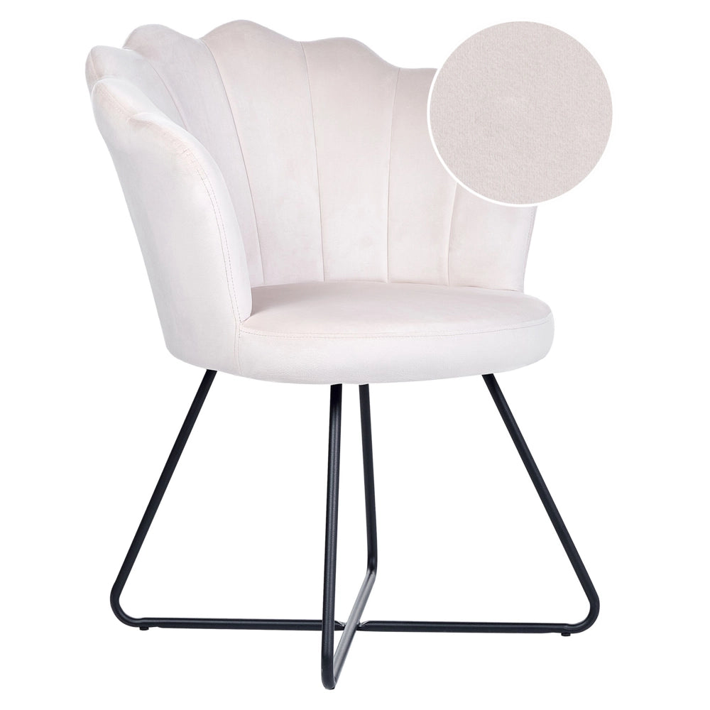 Poltrona senza braccioli Seduta rotonda Schienale a conchiglia Design vintage Rivestimento in velluto bianco sporco Design classico vintage Struttura in metallo nero