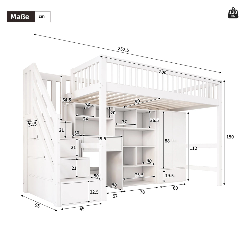 LETTO MULTIFUNZIONALE 90x200 cm BIANCO LEGNO MASSELLO + MDF